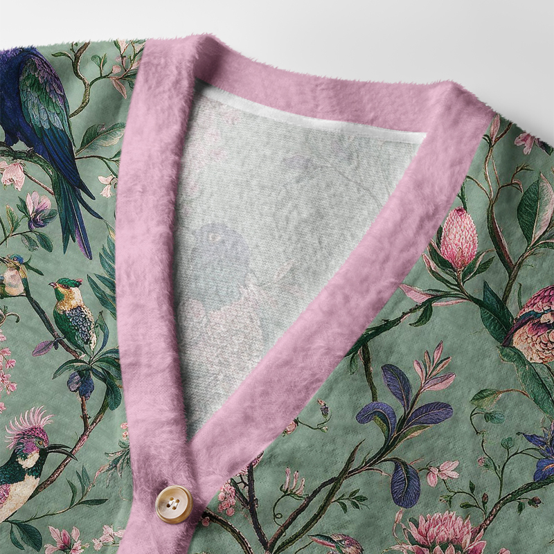 Tokyo-Tiger Antique Garden Birds Floral Ugly Cardigan Sweater