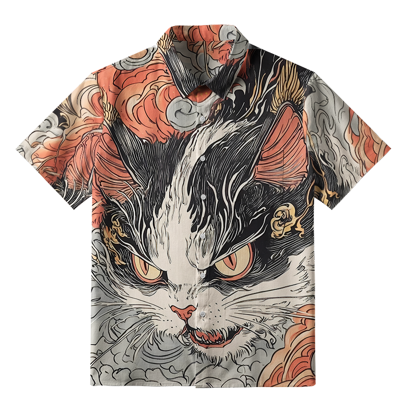 Tokyo-Tiger Cat's Fierce Gaze Button-up Shirt