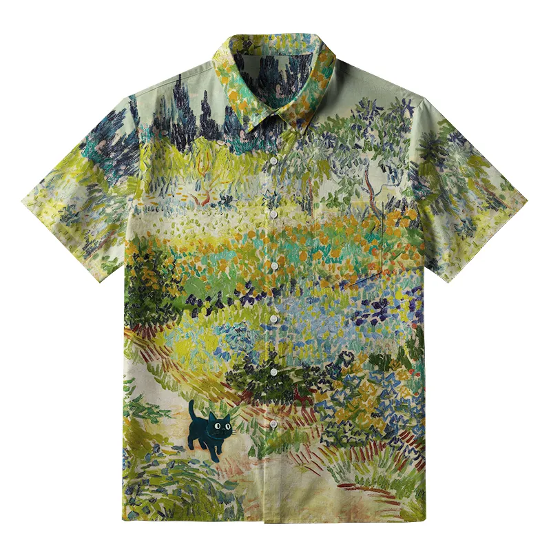 Tokyo-Tiger Black Cat In The Flower Field Button-up Shirt
