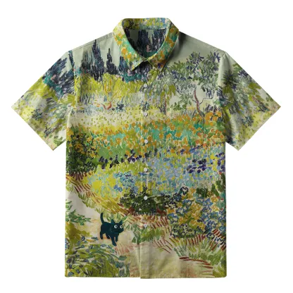 Tokyo-Tiger Black Cat In The Flower Field Button-up Shirt