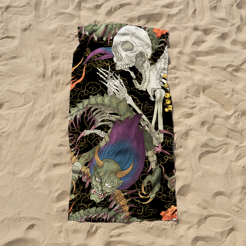 Tokyo-Tiger Japanese Yokai And Skeletons Beach Towel