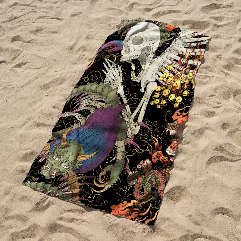 Tokyo-Tiger Japanese Yokai And Skeletons Beach Towel