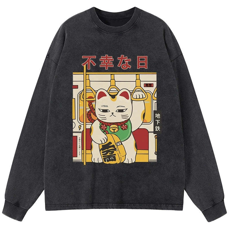Tokyo-Tiger Lucky Cat Who Doesn't Want To Work Washed Long Sleeve T-Shirt