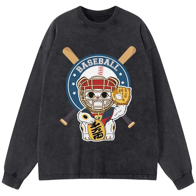 Tokyo-Tiger Janpaese Baseball Cat Washed Long Sleeve T-Shirt