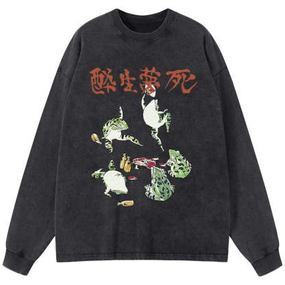 Tokyo-Tiger Japanese Frog Osake Kanji Washed Long Sleeve T-Shirt