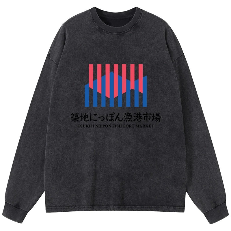 Tokyo-Tiger Tsukiji Nippon Fish Port Market Washed Long Sleeve T-Shirt