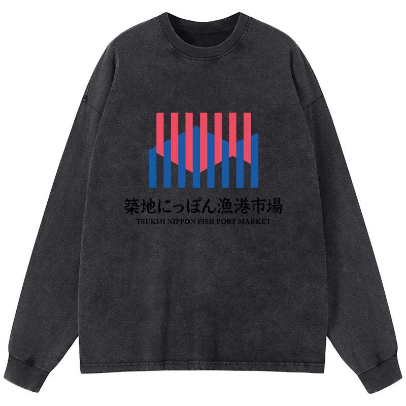 Tokyo-Tiger Tsukiji Nippon Fish Port Market Washed Long Sleeve T-Shirt Sale