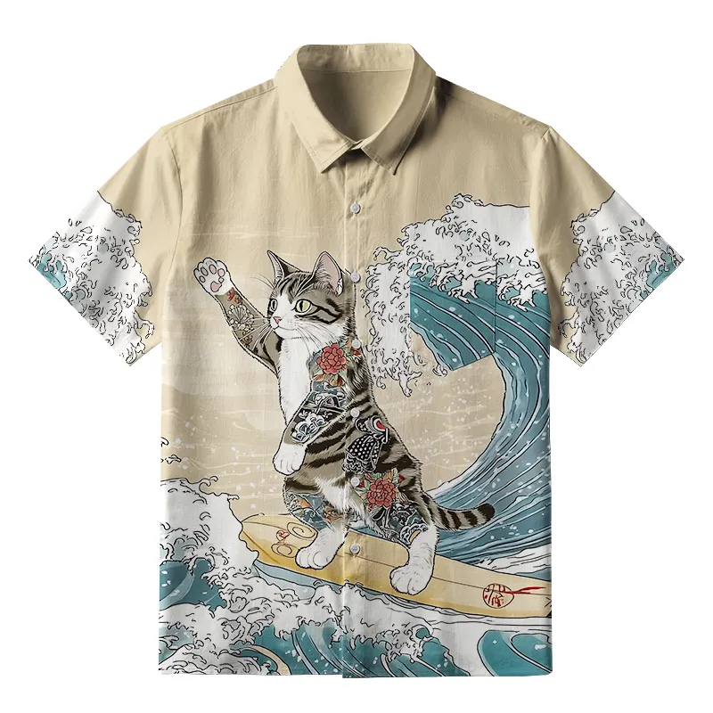 Tokyo-Tiger Cat Surfing Button-up Shirt Sale