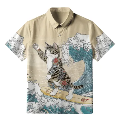 Tokyo-Tiger Cat Surfing Button-up Shirt