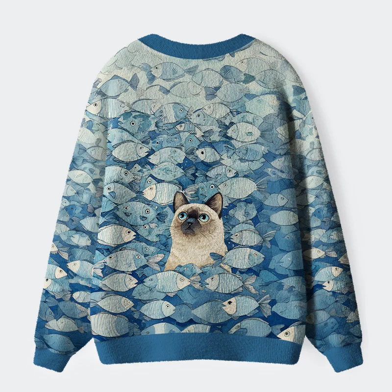 Tokyo-Tiger Siamese Cat Among The Fish Ugly Cardigan Sweater