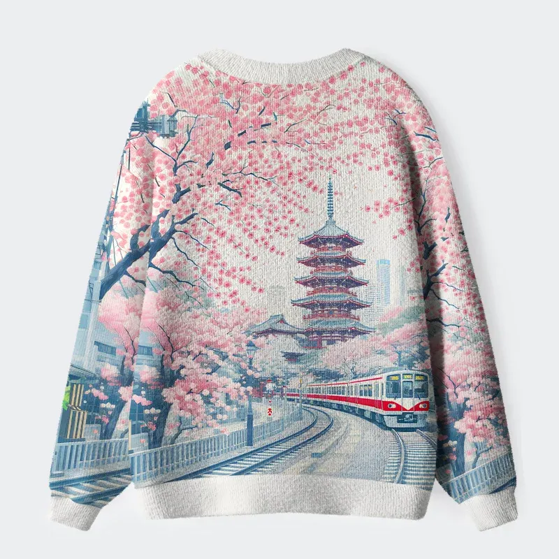 Tokyo-Tiger Springtime Train Scenery Ugly Cardigan Sweater