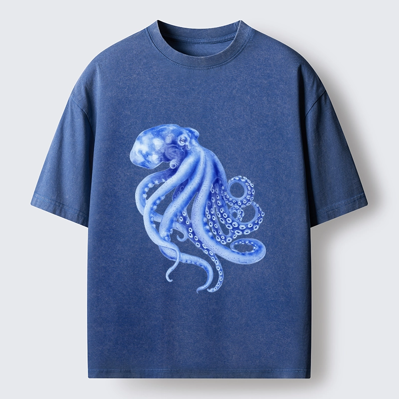 Tokyo-Tiger Retro Blue Octopus Washed T-Shirt