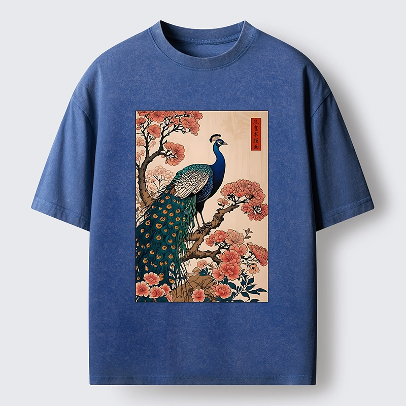 Tokyo-Tiger Vintage Peacock Woodblock Print Washed T-Shirt