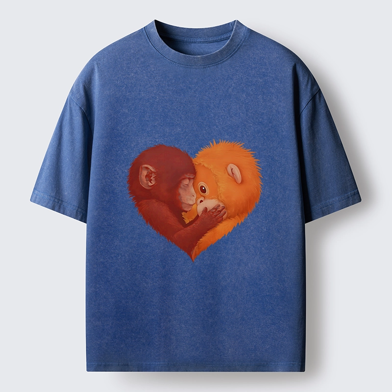 Tokyo-Tiger Monkey Love in a Heart Washed T-Shirt