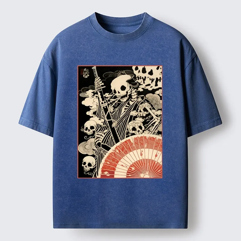 Tokyo-Tiger Dark Samurai Skeleton Art Washed T-Shirt