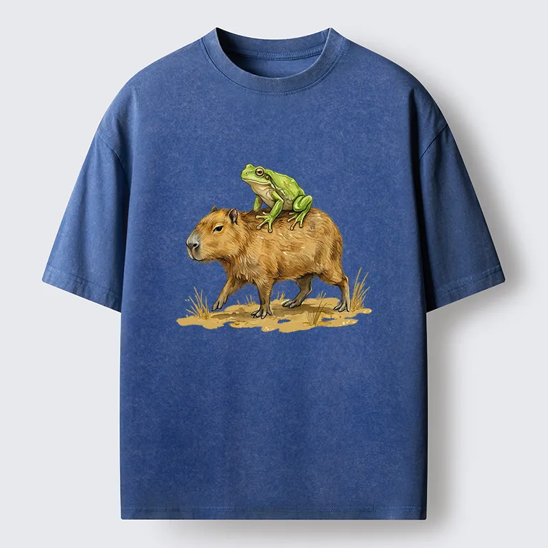 Tokyo-Tiger Frog Riding A Capybara Washed T-Shirt
