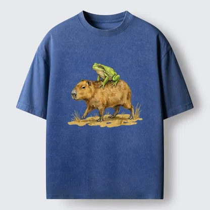 Tokyo-Tiger Frog Riding A Capybara Washed T-Shirt
