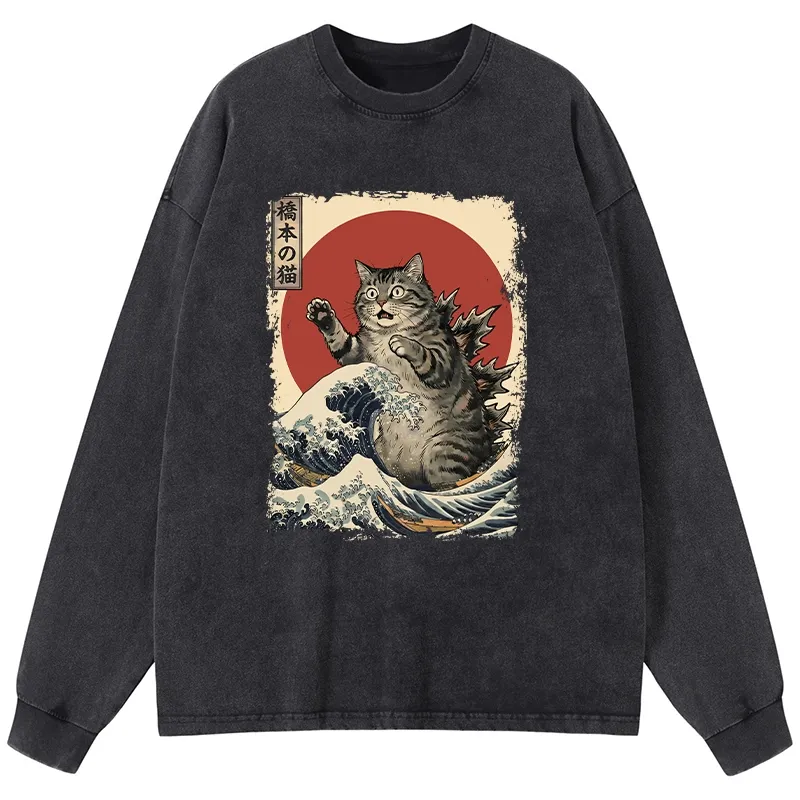 Tokyo-Tiger Catzilla Is Causing Destruction Washed Long Sleeve T-Shirt Sale