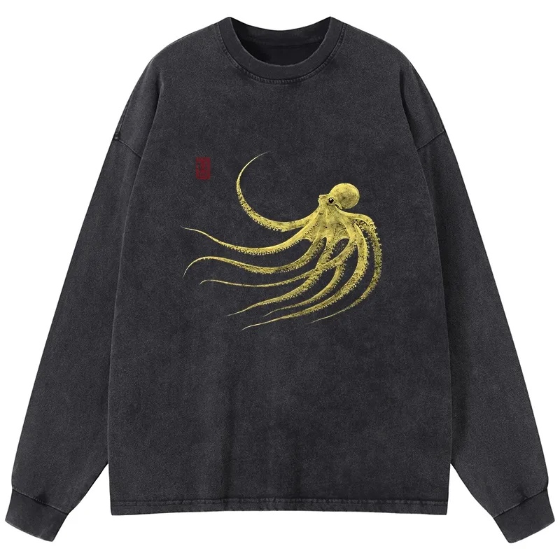 Tokyo-Tiger Retro Octopus Japanese Washed Long Sleeve T-Shirt Sale
