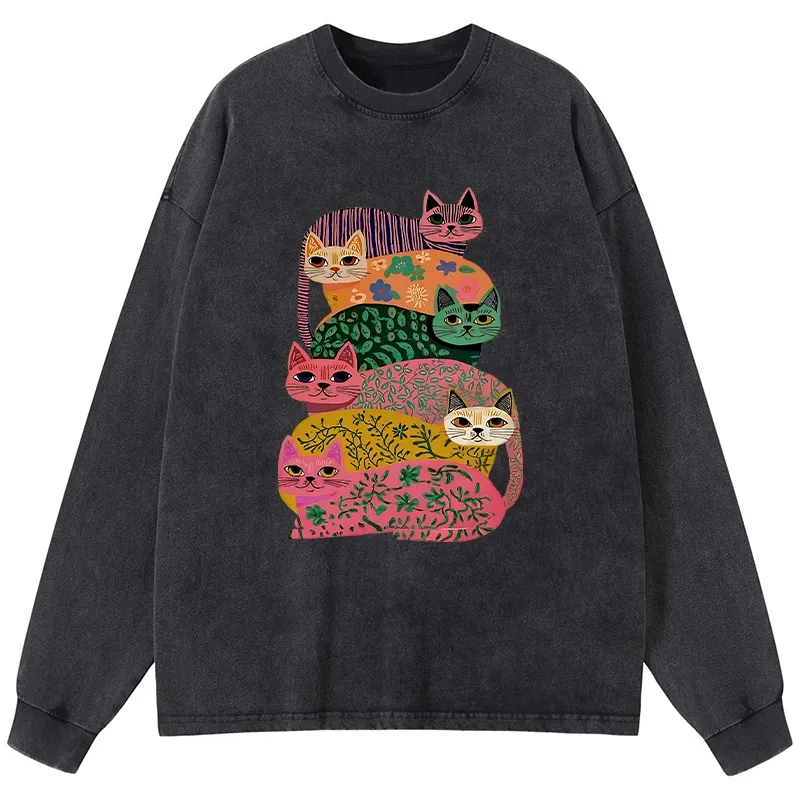 Tokyo-Tiger Colorful Cats Washed Long Sleeve T-Shirt