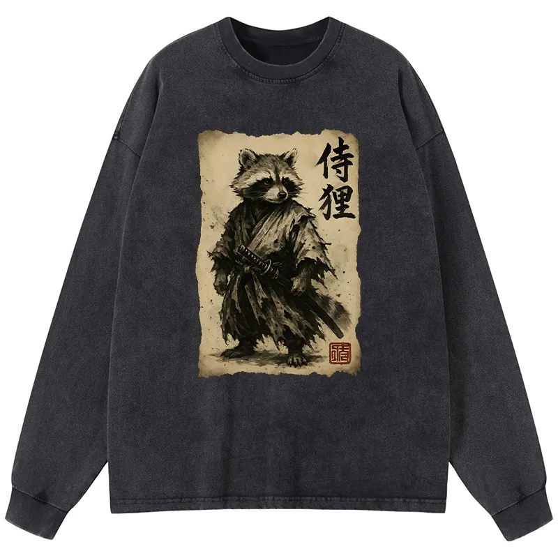 Tokyo-Tiger Retro Raccoon Samurai Washed Long Sleeve T-Shirt Sale