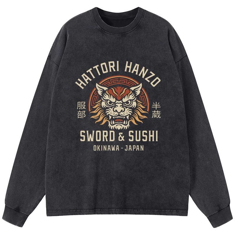 Tokyo-Tiger Hattori Lion Japanese Samurai Washed Long Sleeve T-Shirt
