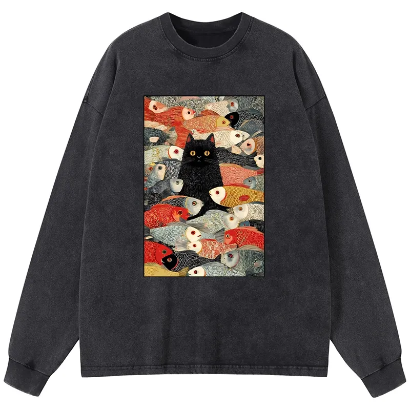 Tokyo-Tiger Cats And Fish Washed Long Sleeve T-Shirt Sale