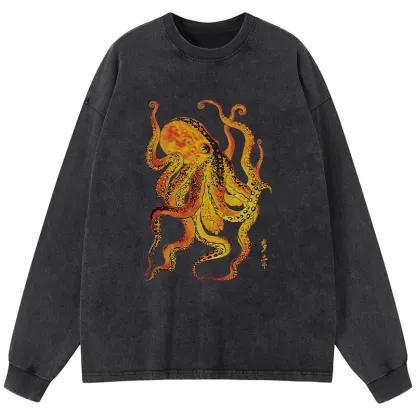 Tokyo-Tiger Deep Sea Gorgeous Octopus Washed Long Sleeve T-Shirt