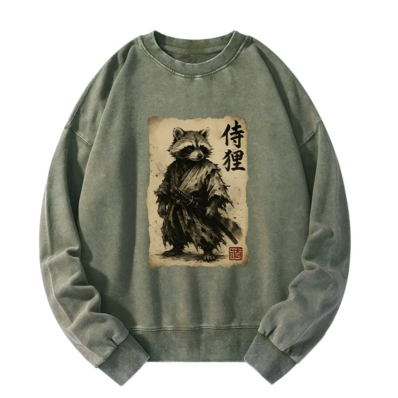 Tokyo-Tiger Retro Raccoon Samurai Washed Sweatshirt