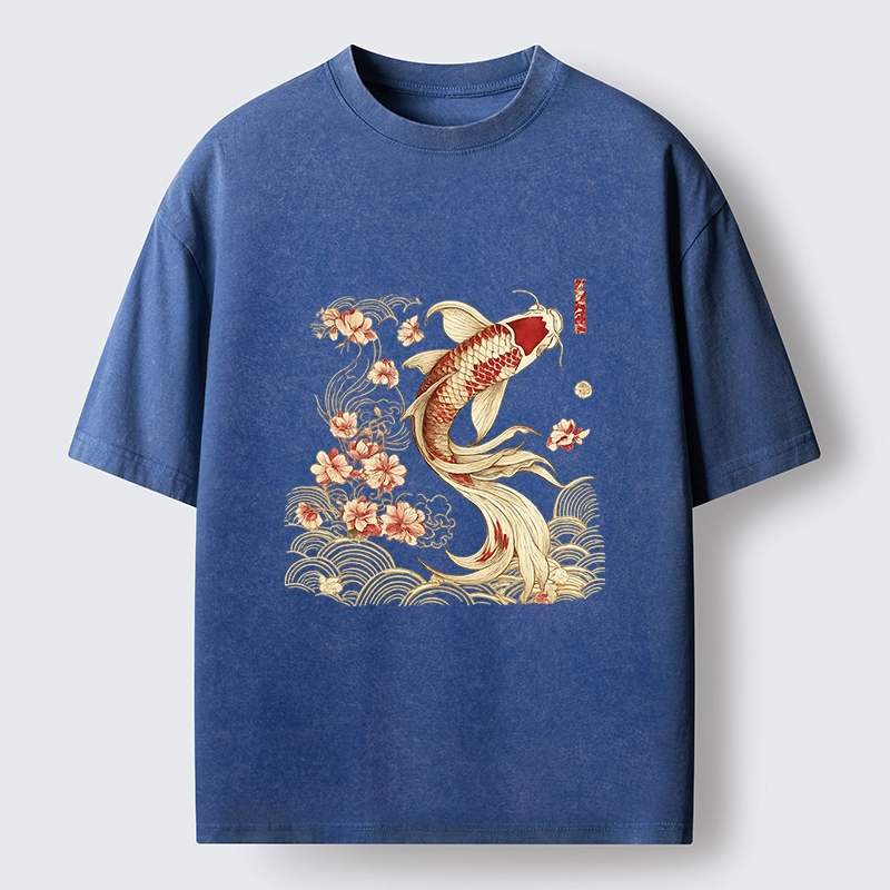Tokyo-Tiger Golden Koi and Blossoms Washed T-Shirt
