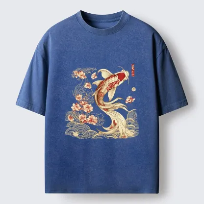Tokyo-Tiger Golden Koi and Blossoms Washed T-Shirt