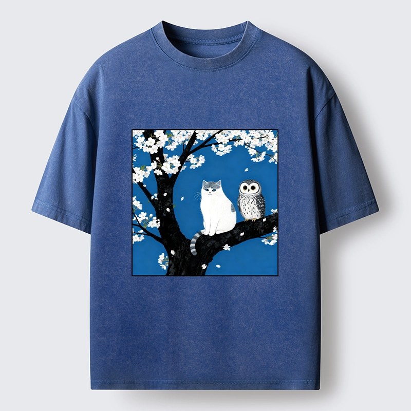 Tokyo-Tiger Cat and Owl Under Sakura Washed T-Shirt