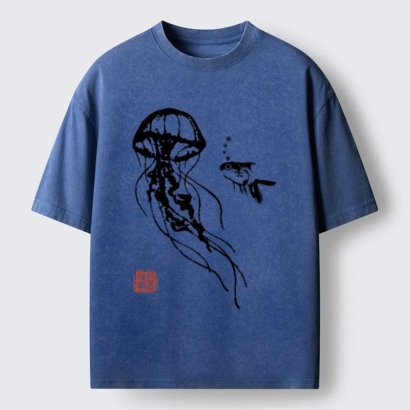 Tokyo-Tiger Ink Wash Jellyfish and Fish Washed T-Shirt