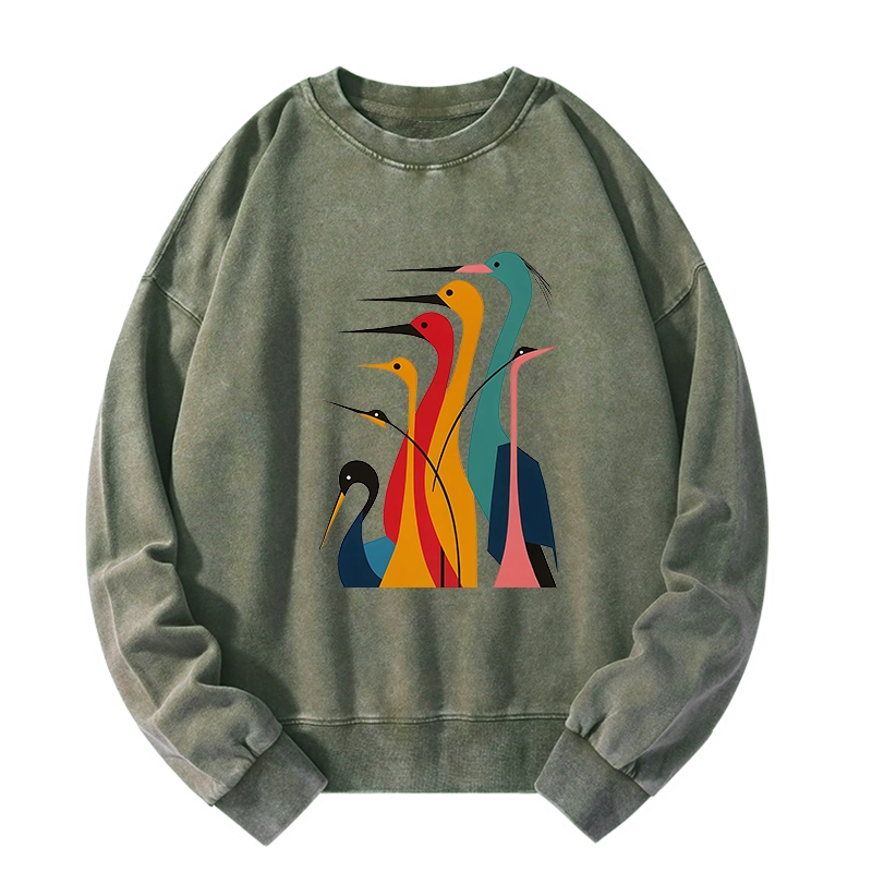 Tokyo-Tiger Various Types Of Cranes Washed Sweatshirt