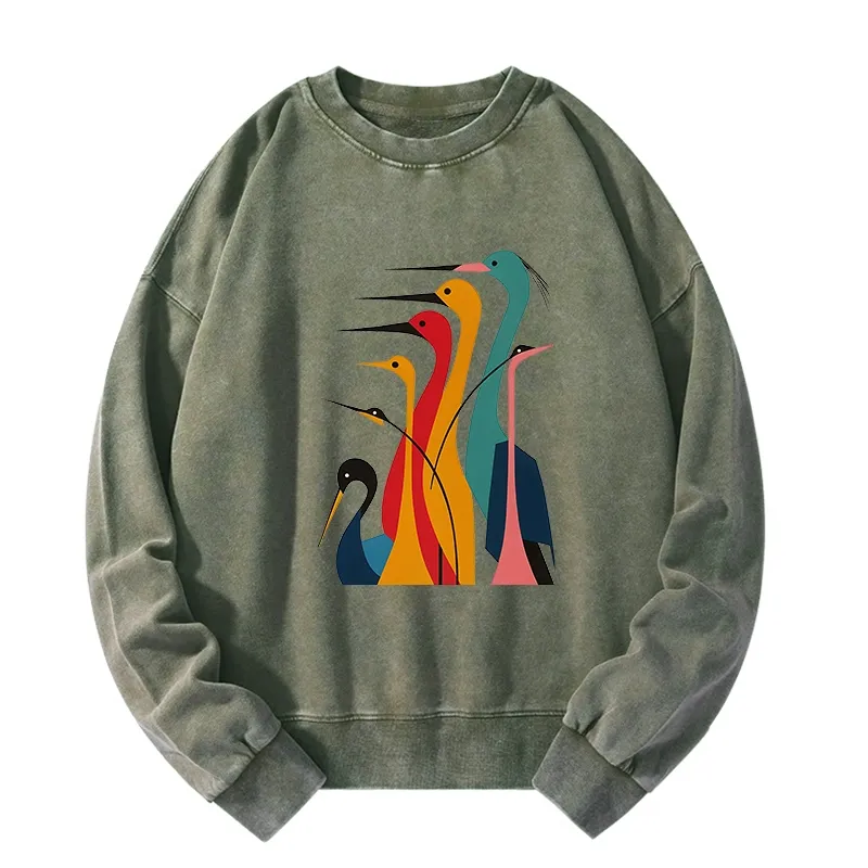 Tokyo-Tiger Various Types Of Cranes Washed Sweatshirt