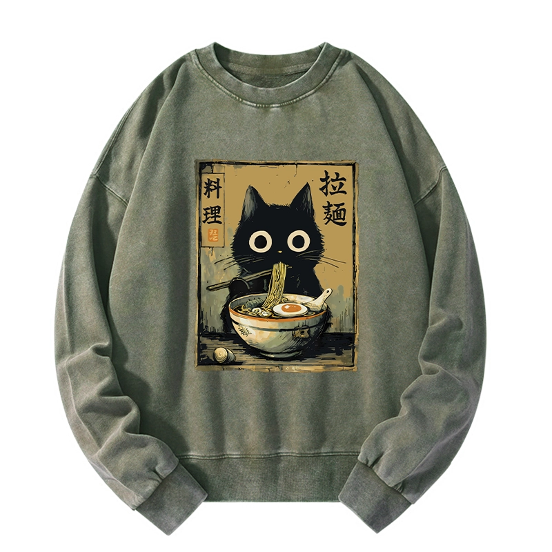 Tokyo-Tiger Cute Black Cat Eating Ramen Japan Washed Sweatshirt