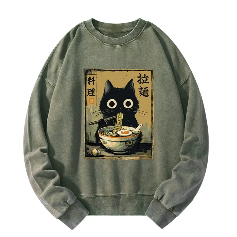 Tokyo-Tiger Cute Black Cat Eating Ramen Japan Washed Sweatshirt