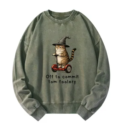 Tokyo-Tiger Orange Cat Riding Segway-style Washed Sweatshirt