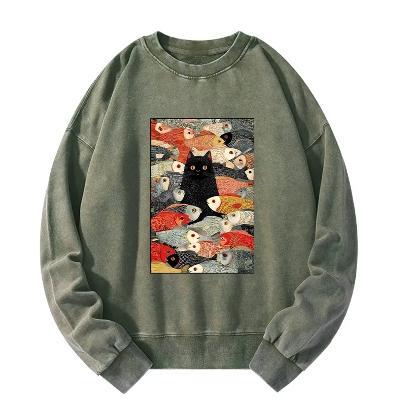 Tokyo-Tiger Cats And Fish Washed Sweatshirt