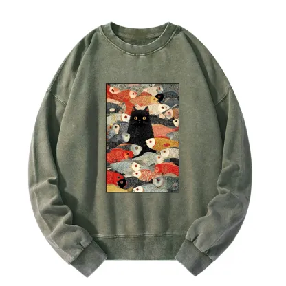 Tokyo-Tiger Cats And Fish Washed Sweatshirt