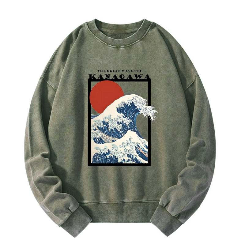 Tokyo-Tiger Minimalist Ukiyo-e Waves Washed Sweatshirt