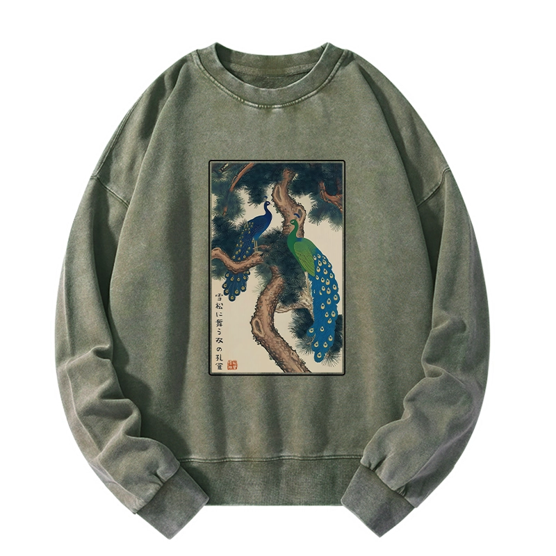 Tokyo-Tiger Peacocks in Snowy Pines Washed Sweatshirt