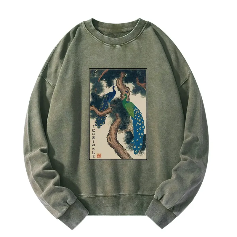 Tokyo-Tiger Peacocks in Snowy Pines Washed Sweatshirt