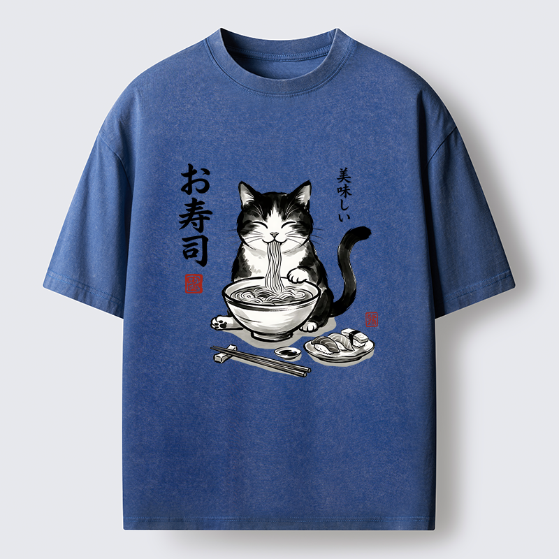 Tokyo-Tiger Cats Eat Japanese Food Washed T-Shirt