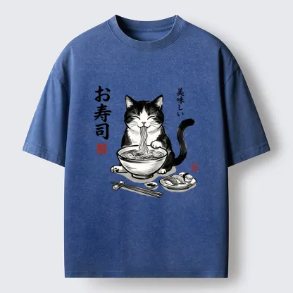 Tokyo-Tiger Cats Eat Japanese Food Washed T-Shirt