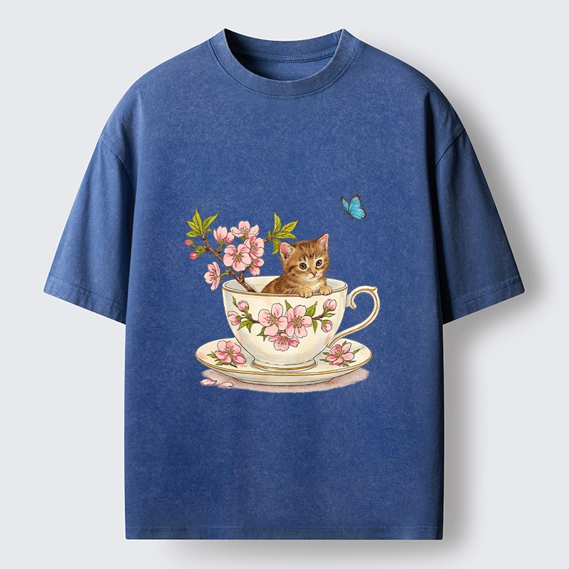 Tokyo-Tiger Cherry Blossom Teacup Kitten Washed T-Shirt