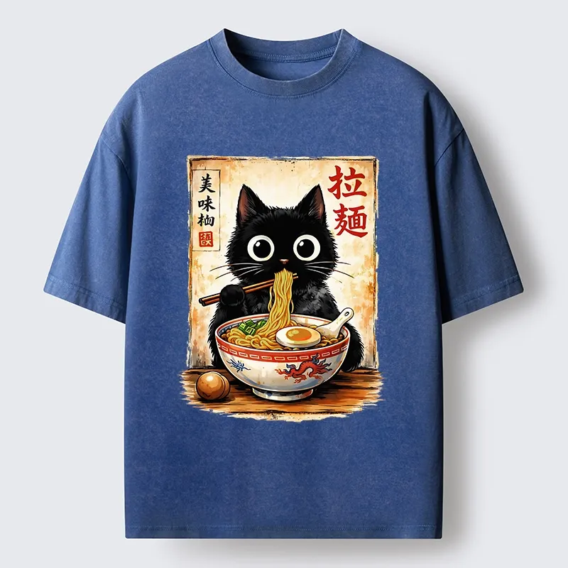 Tokyo-Tiger Cute Cat Slurping Ramen Washed T-Shirt