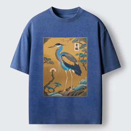 Tokyo-Tiger Golden Background Blue Heron Washed T-Shirt