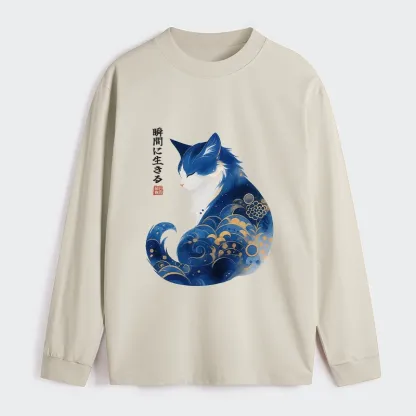 Tokyo-Tiger Retro Zen Cat: Living the Present Classic Long Sleeve T-Shirt