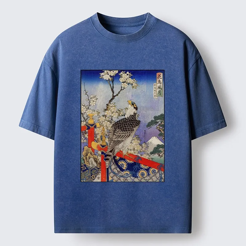 Tokyo-Tiger Sakura, Eagle And Mount Fuji In Ukiyo-E Washed T-Shirt